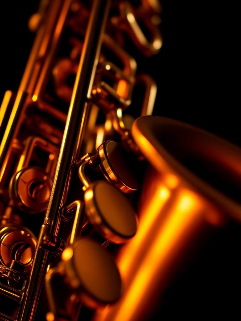 Close-up of saxophone keys lit in amber